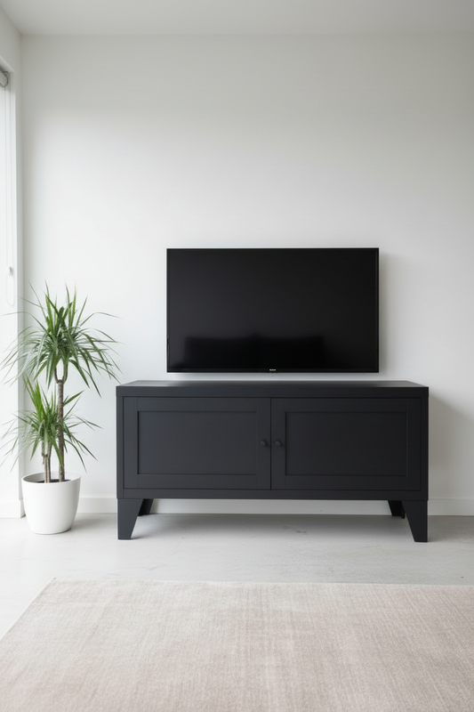 Black industrial metal TV cabinet console with a television on a white wall in a minimalistic room.