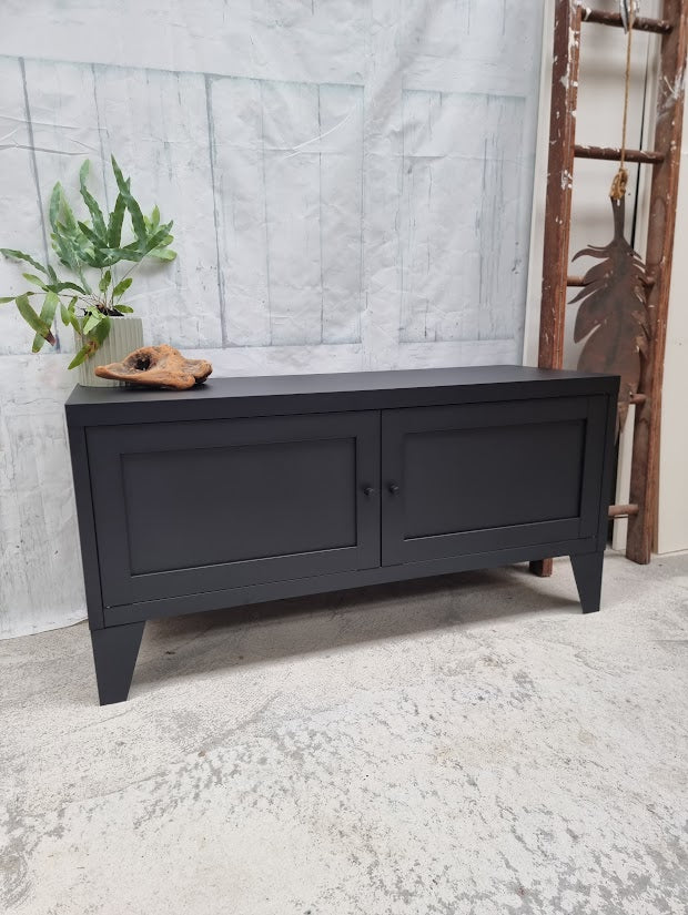 Matte black industrial metal bench
