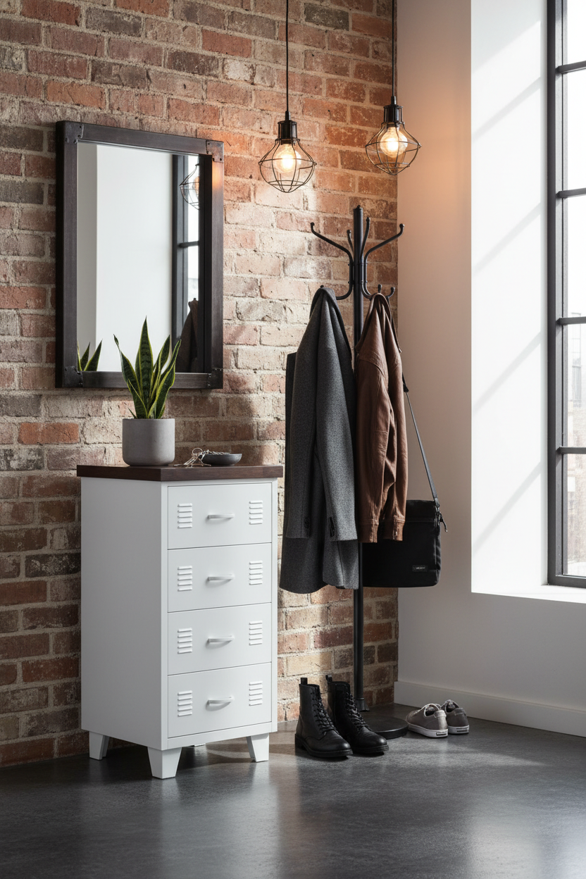 White metal 4 drawer tallboy with dark Oak top in an entranceway