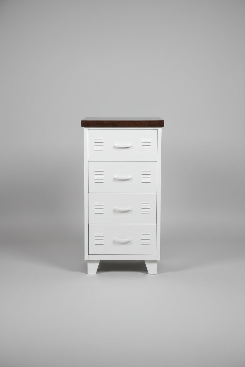 White metal 4 drawer tallboy cabinet with dark Oak top