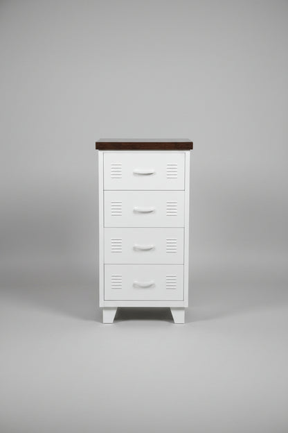 White metal 4 drawer tallboy cabinet with dark Oak top