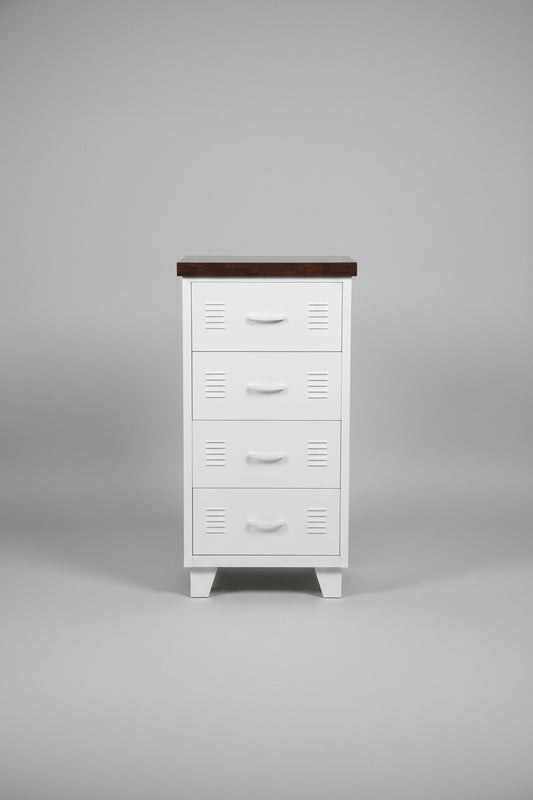 White metal 4 drawer tallboy cabinet with dark Oak top