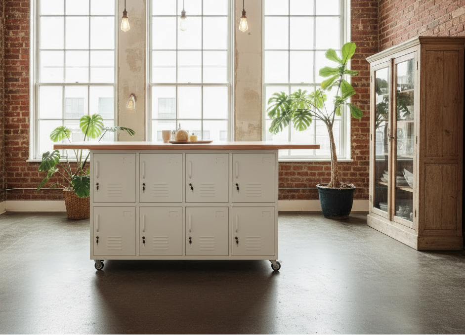 Modern white industrial kitchen island with 8 doors and Rimu top