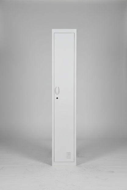 Tall narrow white single door locker in studio setting