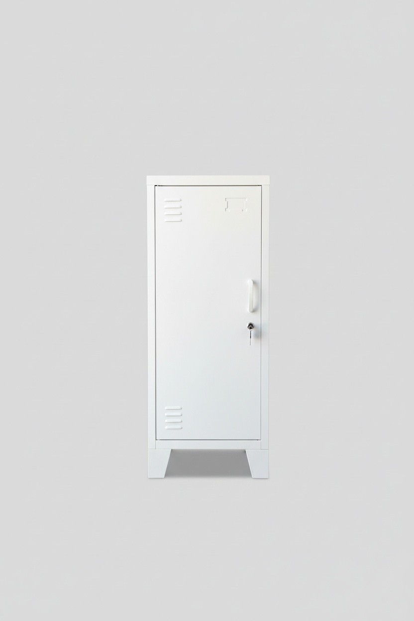 Narrow white metal side cabinet with a left hinge door