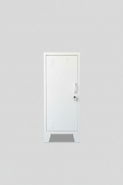 Narrow white metal side cabinet with a left hinge door