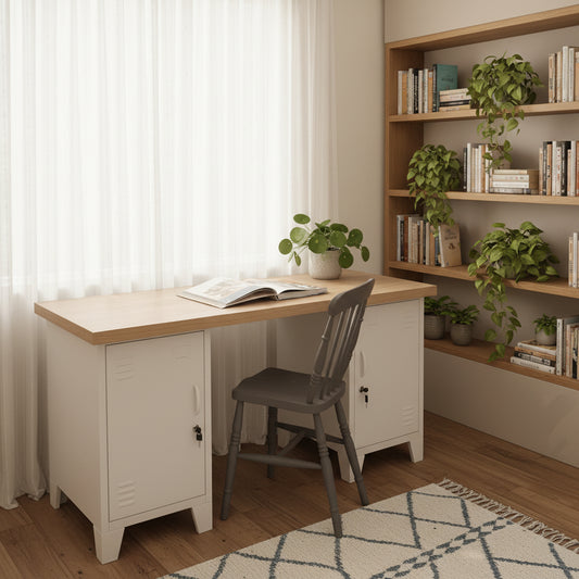 Oak desk with white metal locker base with a chair against a light gray wall.