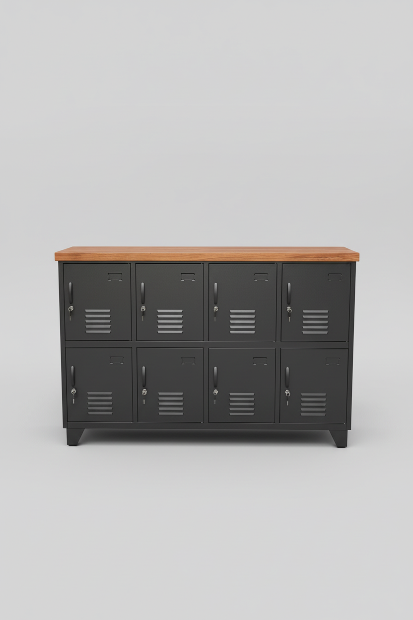Oil Rimu top on Black 8 door metal locker cabinet- Staff locker NZ