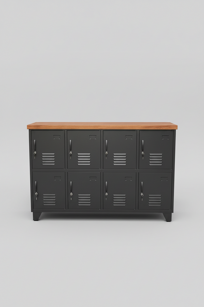 Oil Rimu top on Black 8 door metal locker cabinet- Staff locker NZ