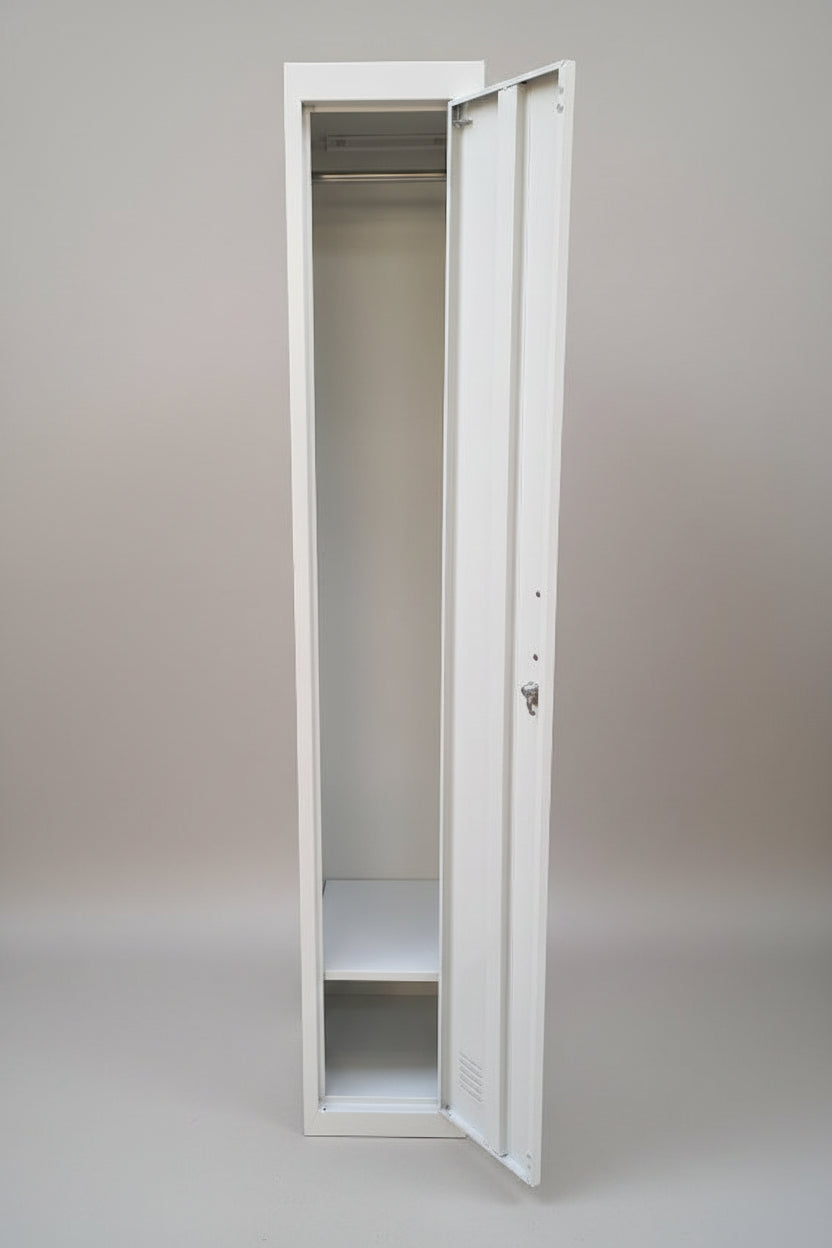 Open 1.8 high single door locker, showing adjustable shelf and rail