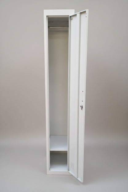 Open 1.8 high single door locker, showing adjustable shelf and rail