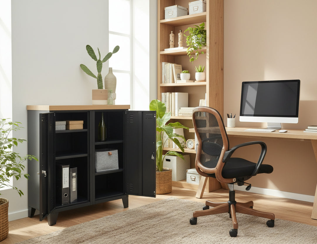 Open black double side cabinet with Oak top in a home office