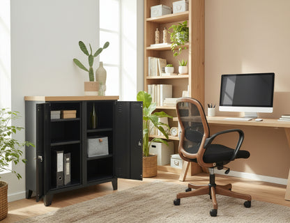 Open black double side cabinet with Oak top in a home office