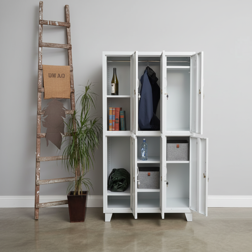Open tall White metal 6 door locker with various items inside against a gray wall.