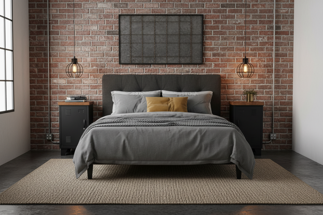 A Pair of Black metal mini lockers with dark Oak tops  on either side of the bed