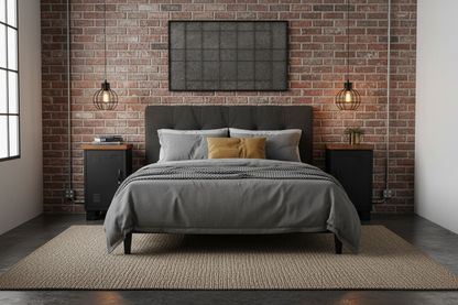 A Pair of Black metal mini lockers with dark Oak tops  on either side of the bed