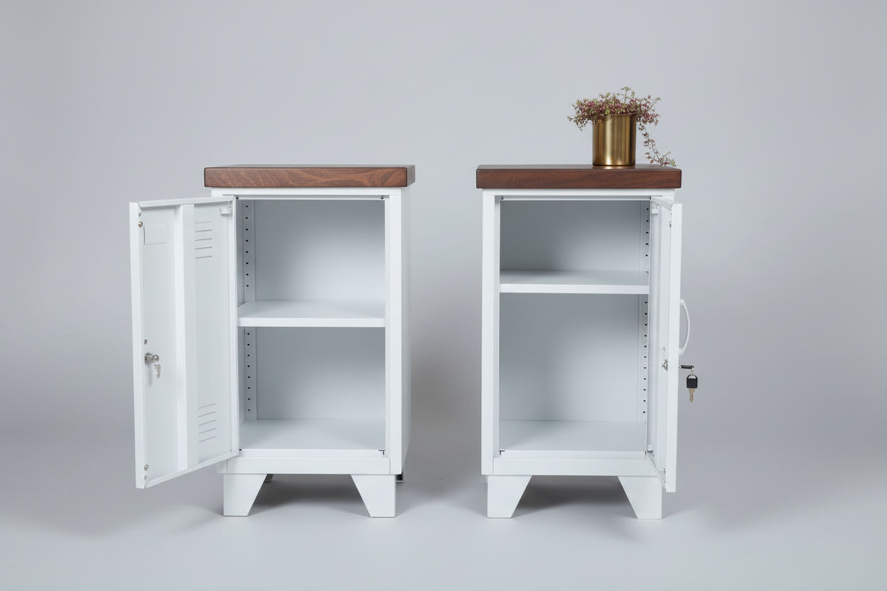 A Pair of White industrial metal bedside locker cabinets with Dark stained oak tops