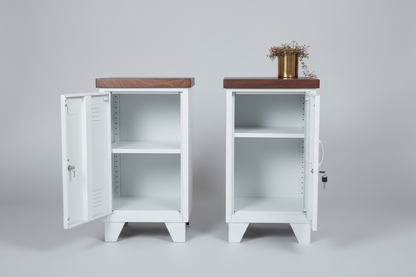 A Pair of White industrial metal bedside locker cabinets with Dark stained oak tops