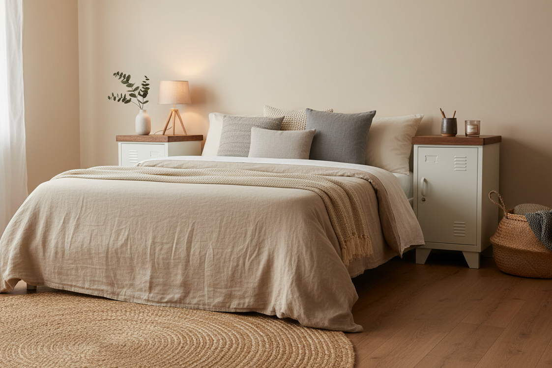 Pair of White industrial metal bedside locker cabinets with Dark stained oak tops in a Scandy style bedroom