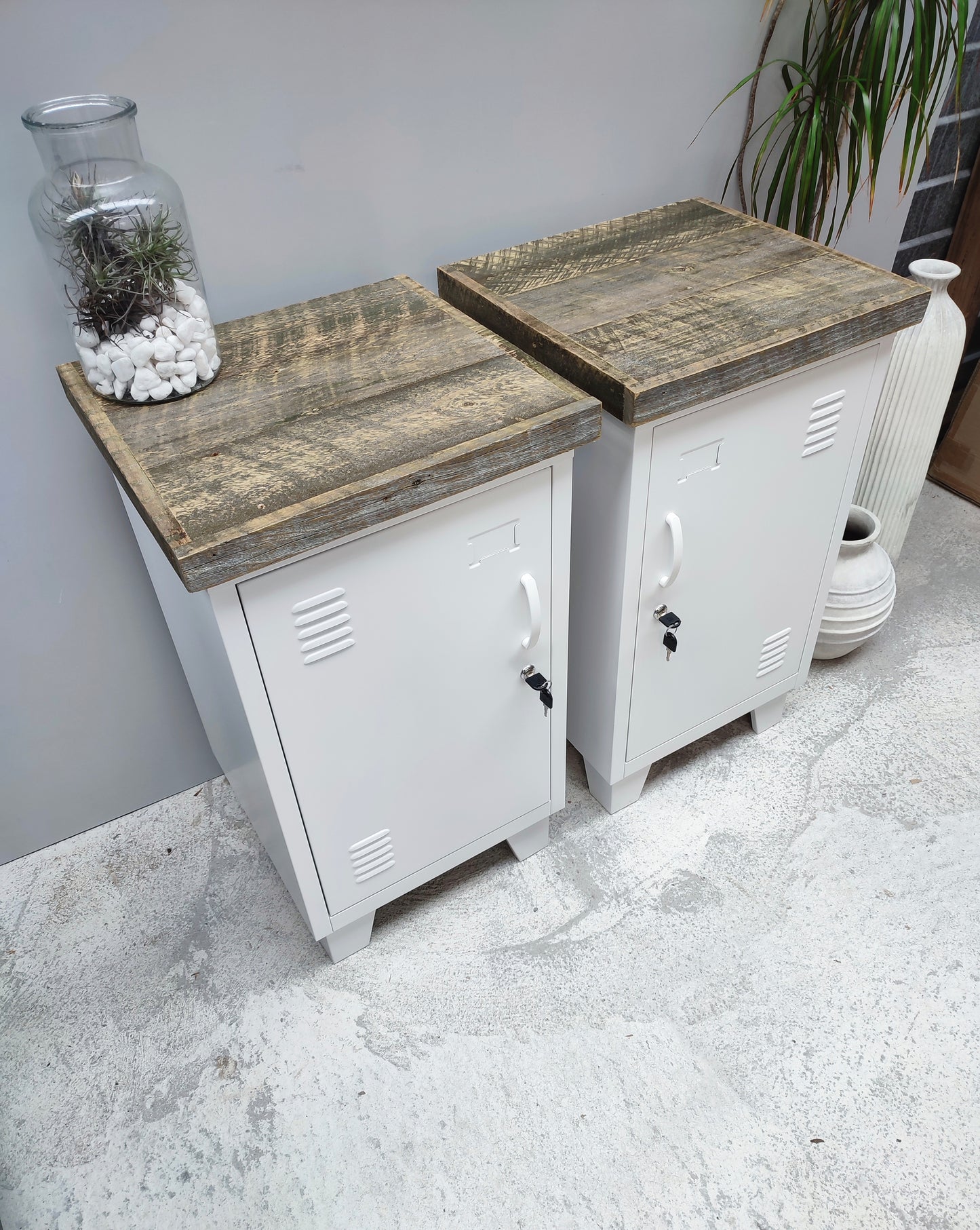 Pair of White metal beside cabinets with rustic pallet tops