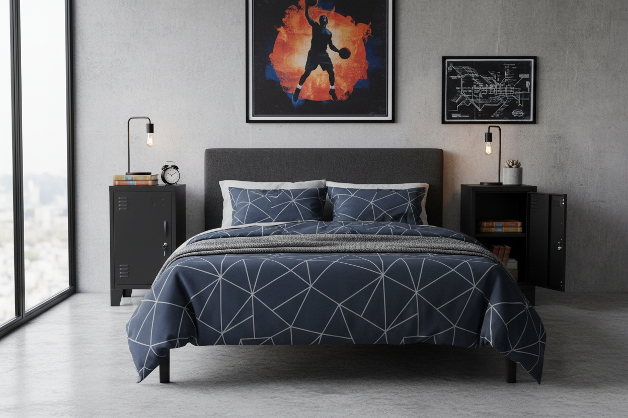 Bedroom with a Pair of black metal mini lockers either side 