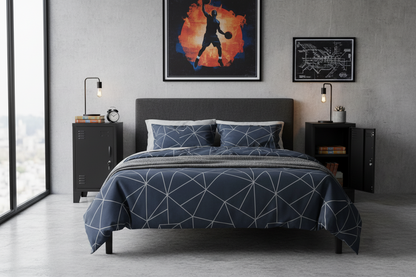 Bedroom with a Pair of black metal mini lockers either side 