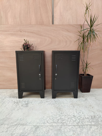 Pair of industrial style black mini lockers against wooden background with plants
