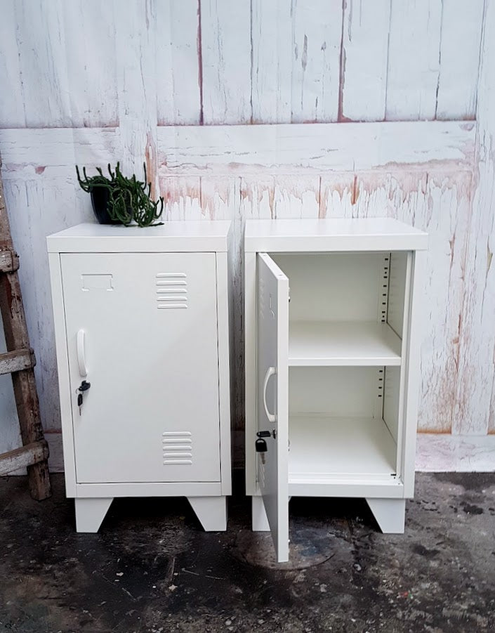 Pair of small White metal locker with one door open against a rustic wooden wall.