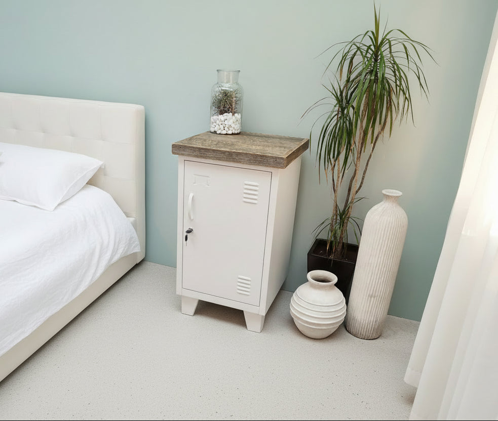Right opening White metal bedside cabinet with Rustic pallet top