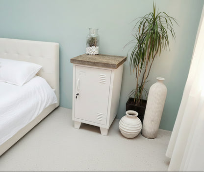 Right opening White metal bedside cabinet with Rustic pallet top