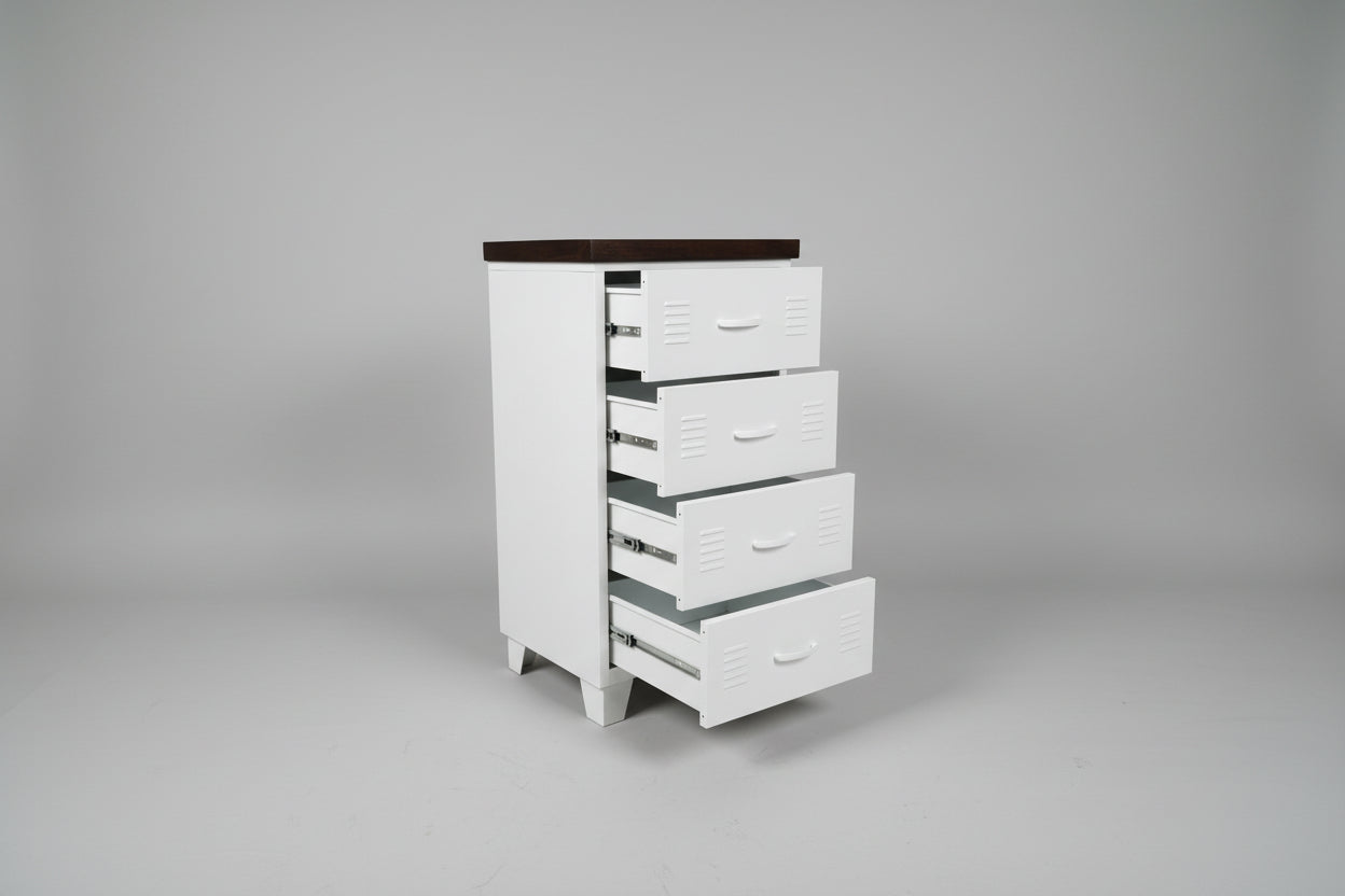 Skinny White metal tallboy locker-style dresser with Dark oak top against a white wall.
