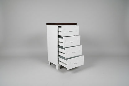 Skinny White metal tallboy locker-style dresser with Dark oak top against a white wall.