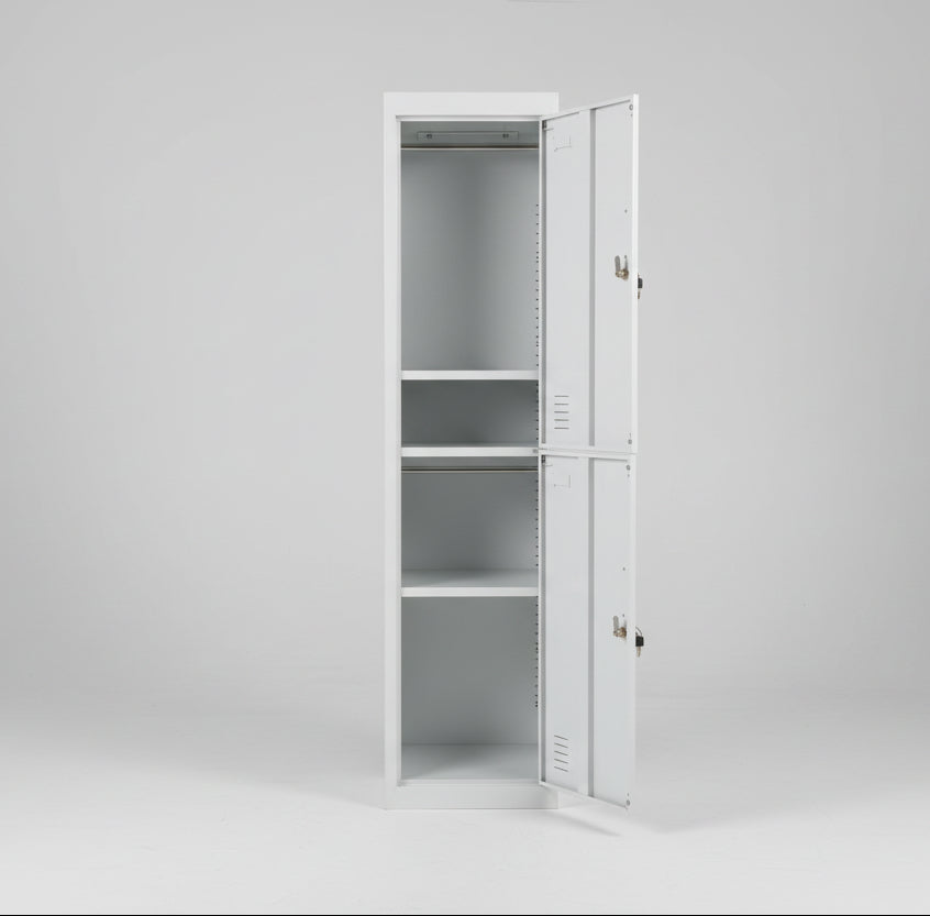 Slim Tall White metal 2 Door locker with doors open to show hanging rod and adjustable shelves 