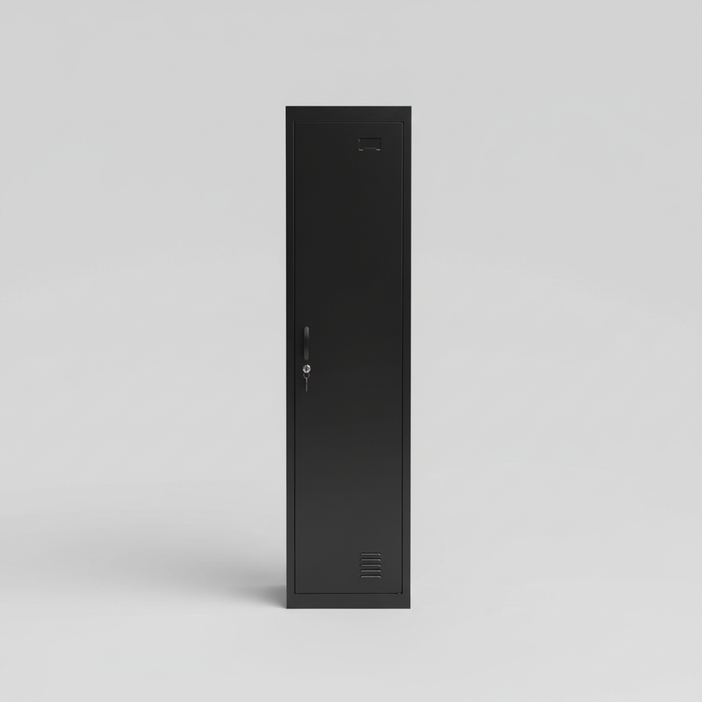 A Slim black 1 door metal locker 