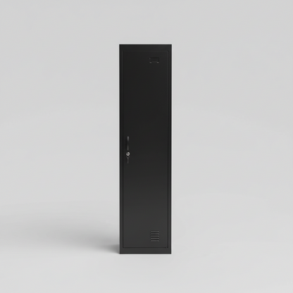 A Slim black 1 door metal locker 