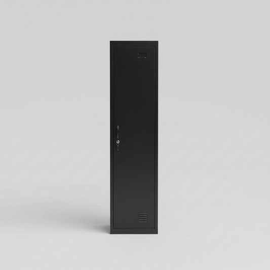 A Slim black 1 door metal locker 