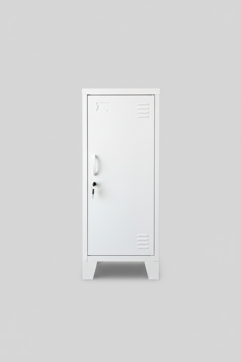 A Slim white metal side cabinet with a right hinge door, placed beside a potted plant on a concrete floor, with a wooden ladder and bags in the background.