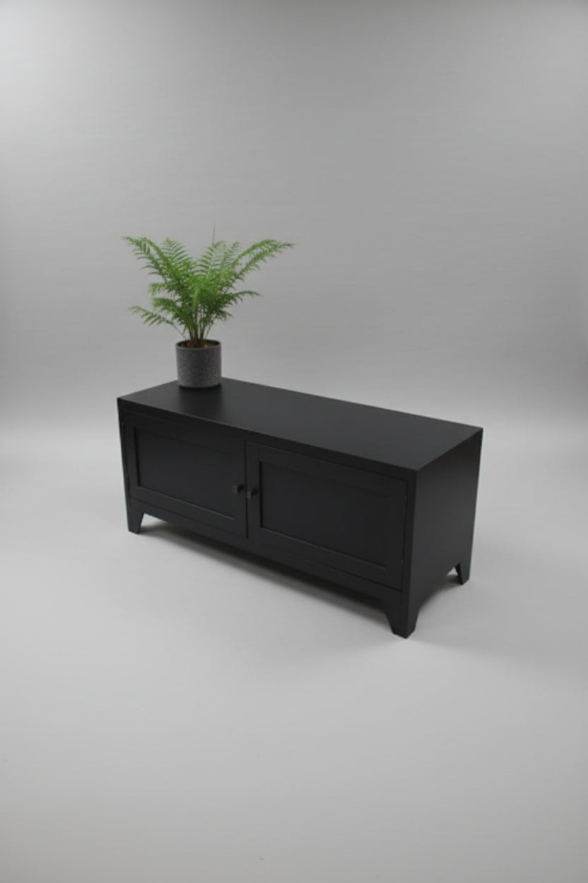 Small Black industrial metal TV cabinet with two paneled doors. 