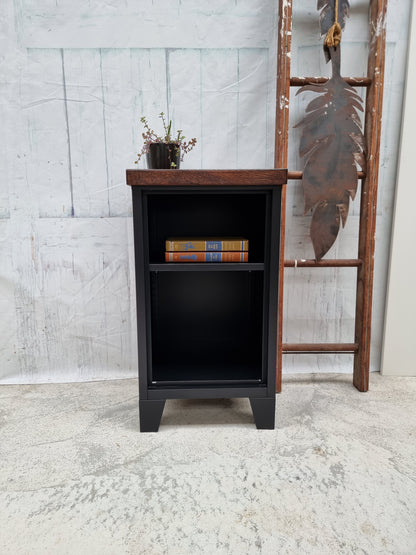 Small Black industrial metal bookshelf  with Dark stained oak top