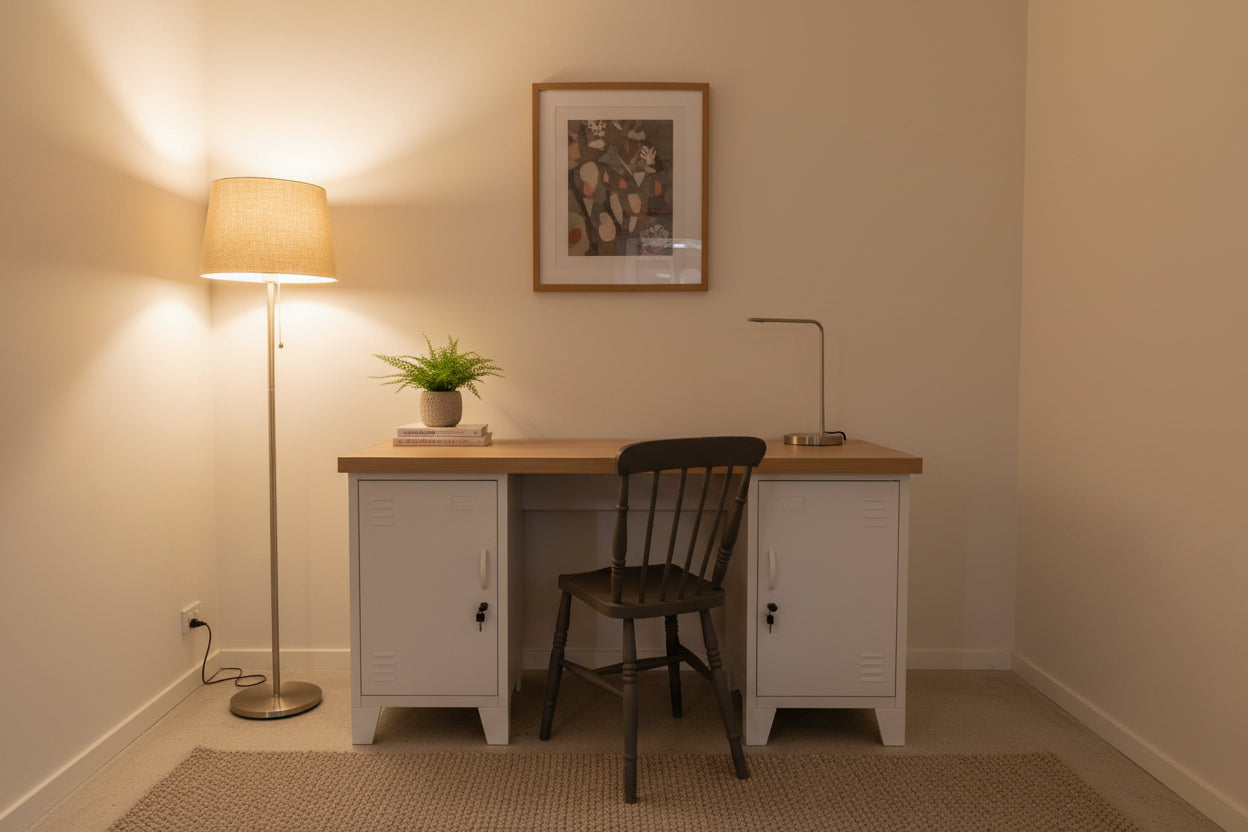 Small Industrial Oak desk with white metal locker base in cozy home office