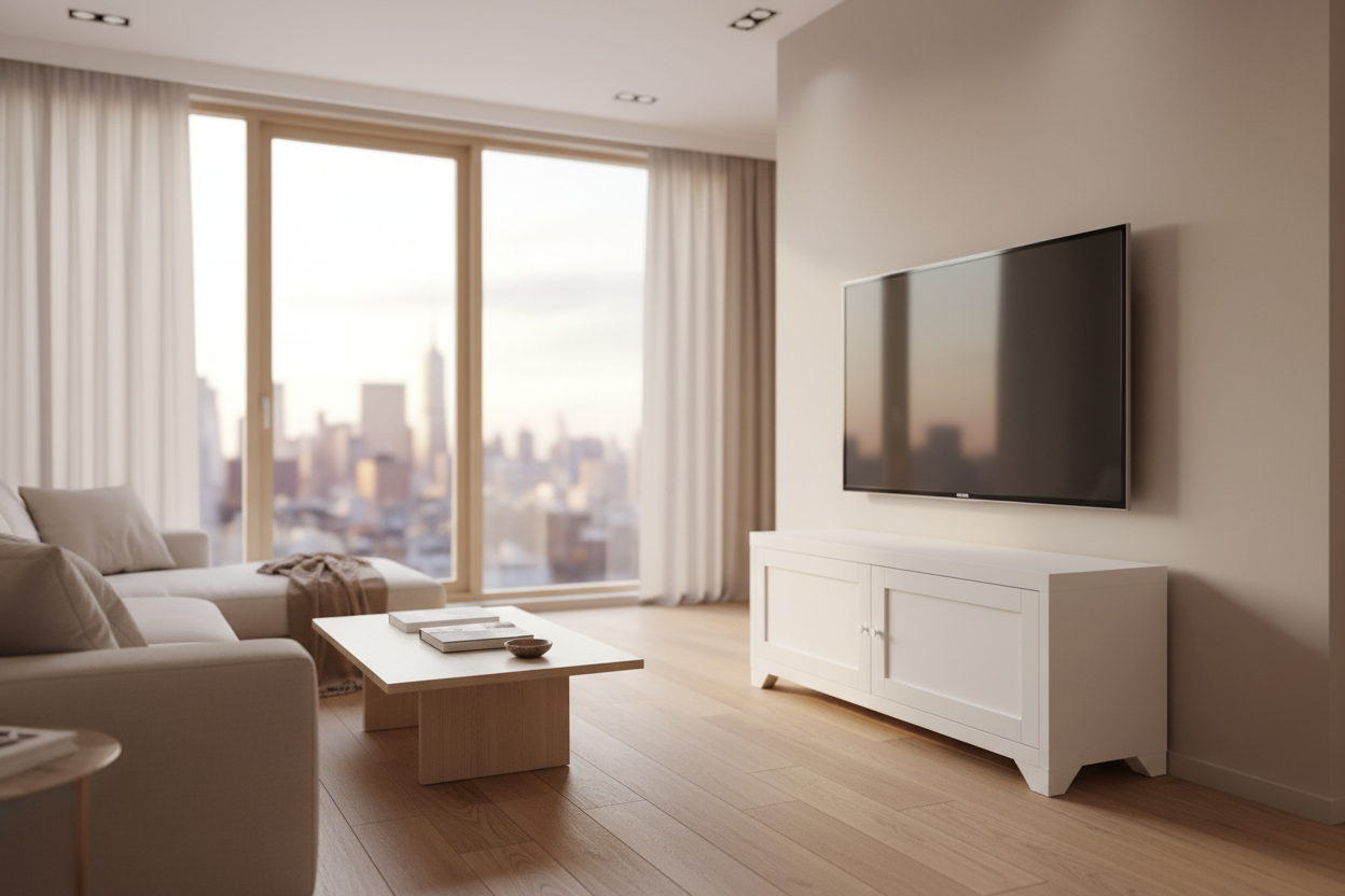 Small Modern Industrial white metal TV with panel doors. under wall mounted TV