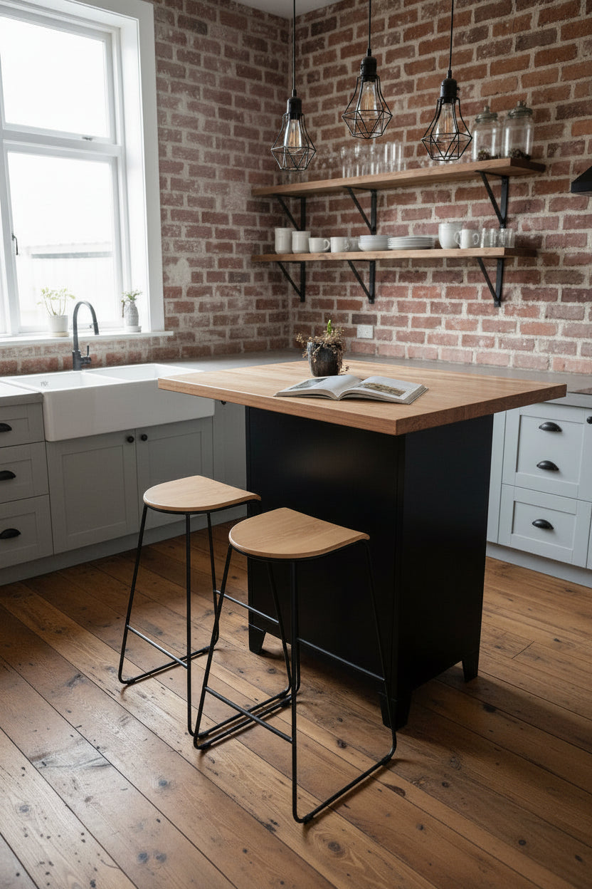 Small Rimu breakfast bar with black tall boy drawer base in farmhouse style kitchen