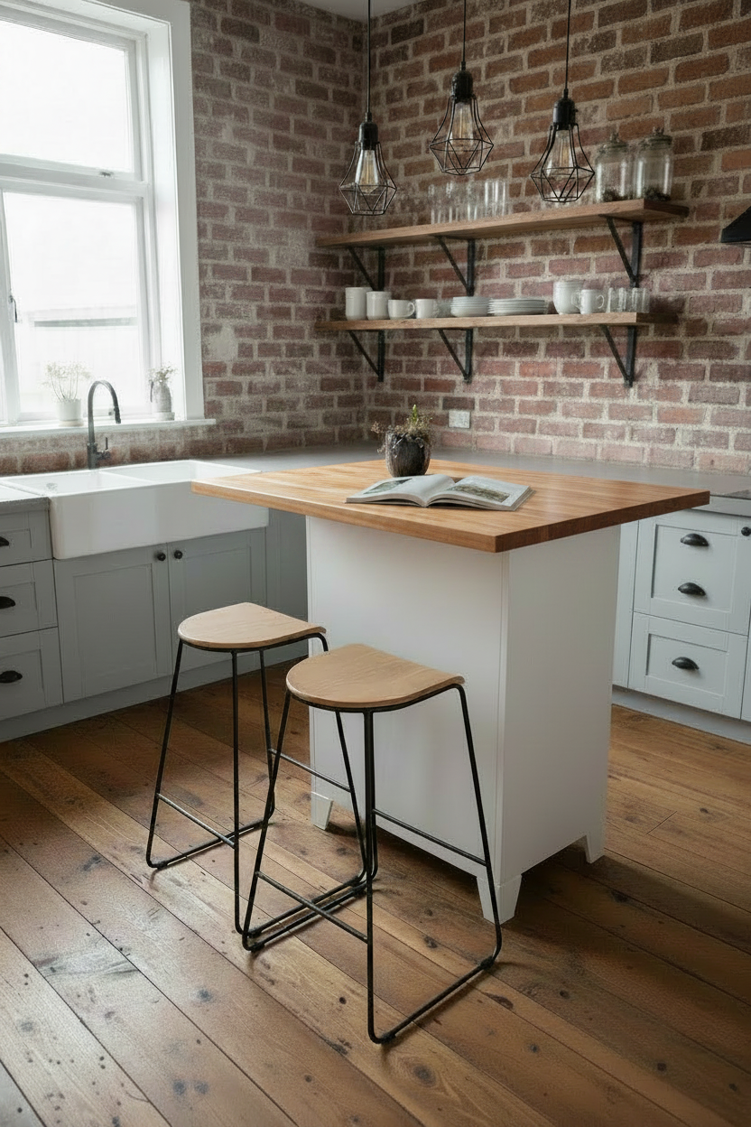 Small Rimu breakfast bar with white tall boy drawer base in farmhouse style kitchen