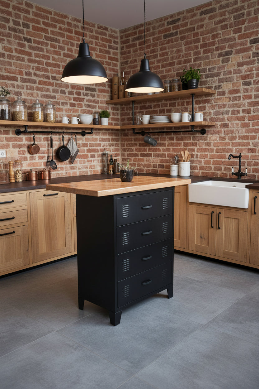 Small Rimu kitchen Island with 4 Black metal drawer base in a rustic kitchen