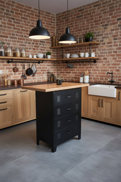 Small Rimu kitchen Island with 4 Black metal drawer base in a rustic kitchen
