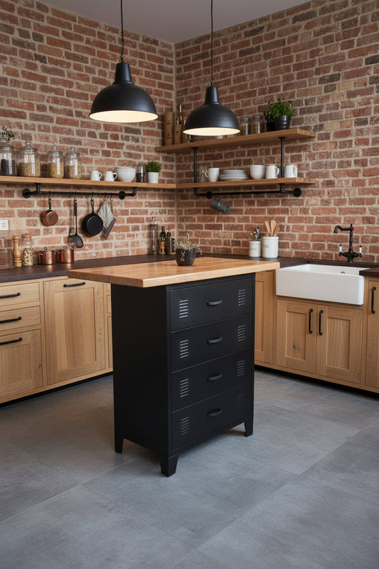 Small Rimu kitchen Island with 4 Black metal drawer base in a rustic kitchen