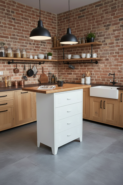 Small Rimu kitchen Island with 4 White metal drawer base in a rustic kitchen