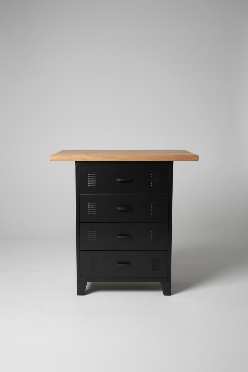 Small Rimu kitchen Island with Black metal drawer base in grey background