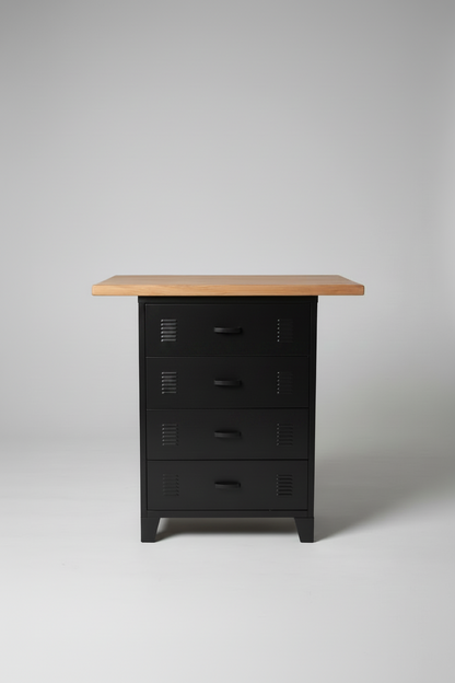 Small Rimu kitchen Island with Black metal drawer base in grey background