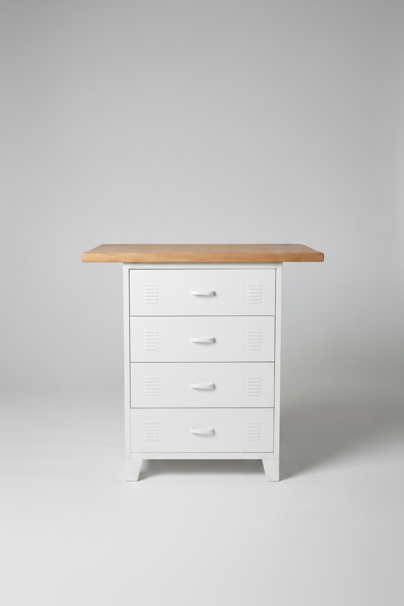 Small Rimu kitchen Island with White metal drawer base in grey background